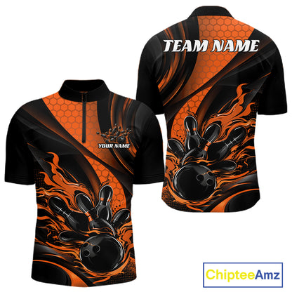 Black And Orange Flame Custom Bowling Men Quarter Zip Shirt, Bowling League Team Outfit IPHW12845