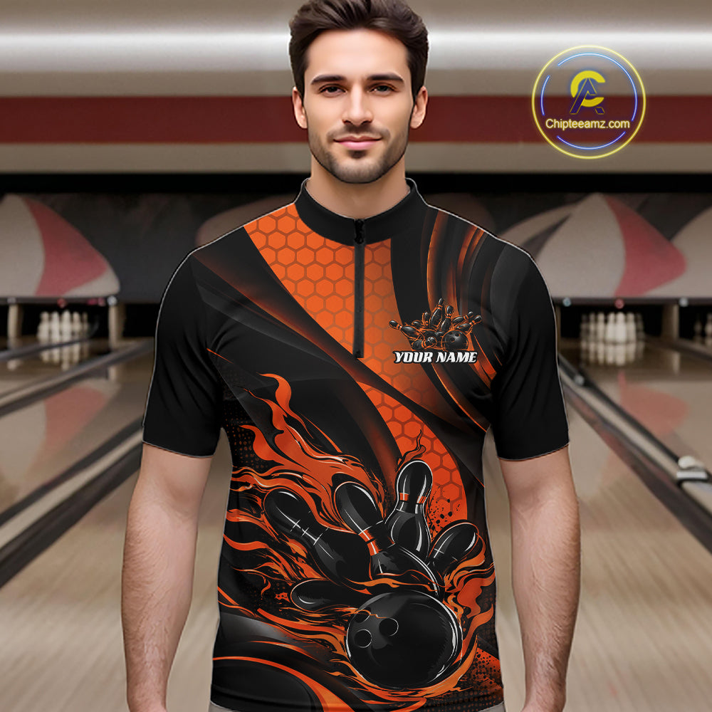 Black And Orange Flame Custom Bowling Men Quarter Zip Shirt, Bowling League Team Outfit IPHW12845