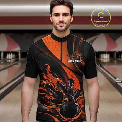 Black And Orange Flame Custom Bowling Men Quarter Zip Shirt, Bowling League Team Outfit IPHW12845