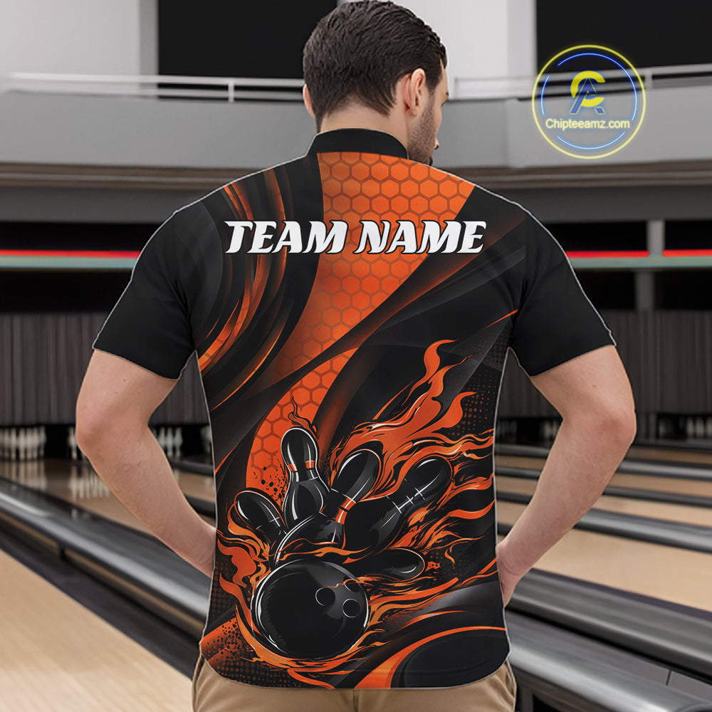 Black And Orange Flame Custom Bowling Men Quarter Zip Shirt, Bowling League Team Outfit IPHW12845