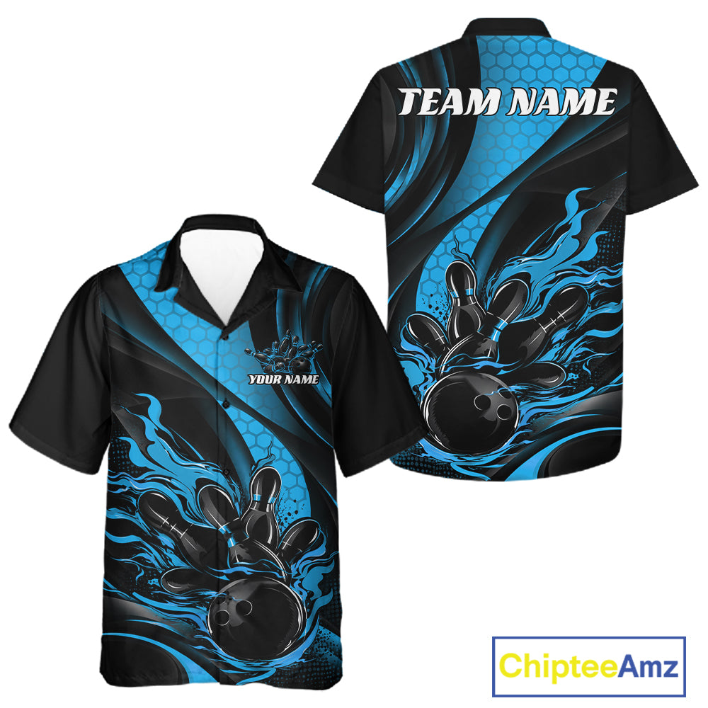 Black And Blue Flame Custom Bowling Men And Women Button Up Shirt, Bowling League Team Outfit IPHW12846