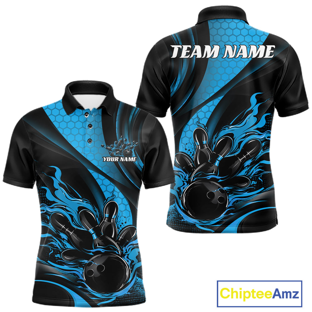 Black And Blue Flame Custom Bowling Men Polo Shirt, Bowling League Team Outfit IPHW12846