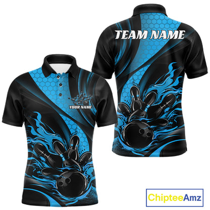 Black And Blue Flame Custom Bowling Men Polo Shirt, Bowling League Team Outfit IPHW12846