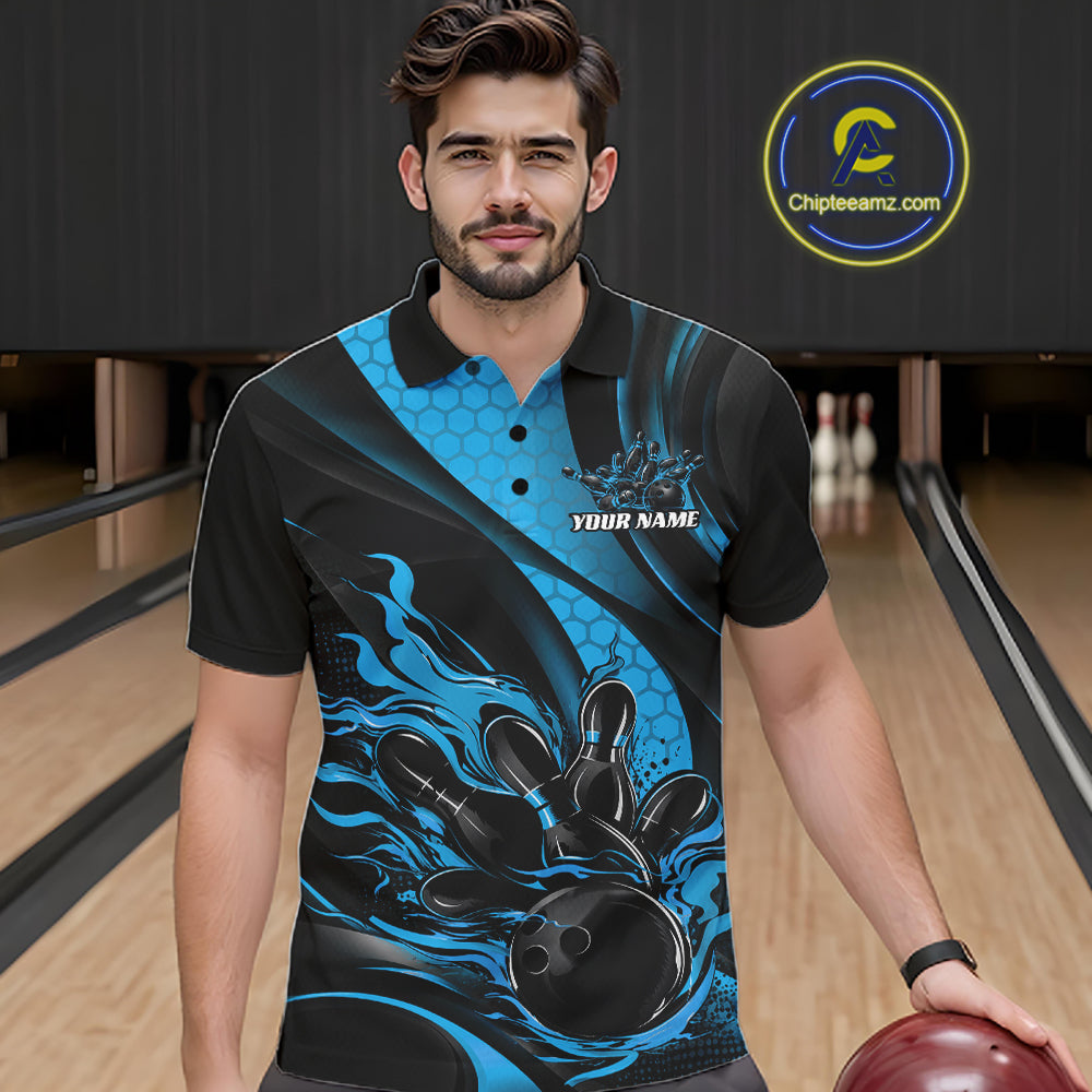 Black And Blue Flame Custom Bowling Men Polo Shirt, Bowling League Team Outfit IPHW12846