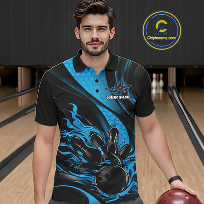 Black And Blue Flame Custom Bowling Men Polo Shirt, Bowling League Team Outfit IPHW12846