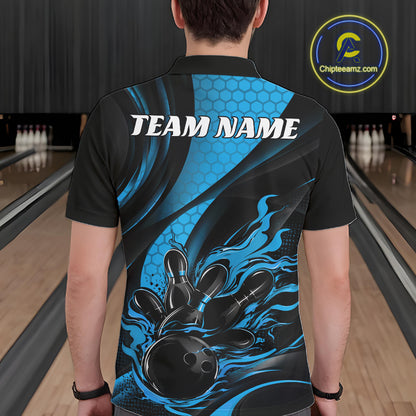 Black And Blue Flame Custom Bowling Men Polo Shirt, Bowling League Team Outfit IPHW12846