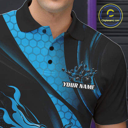 Black And Blue Flame Custom Bowling Men Polo Shirt, Bowling League Team Outfit IPHW12846