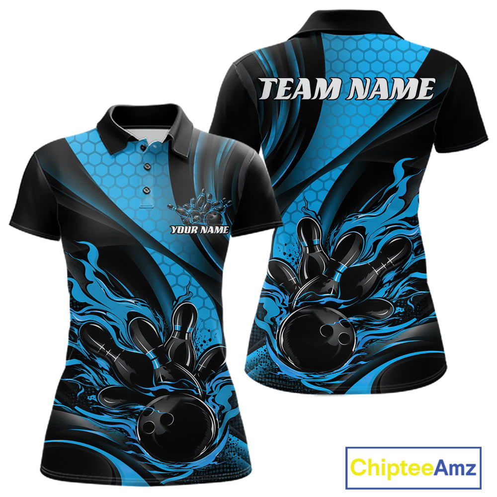 Black And Blue Flame Custom Bowling Women Polo Shirt, Bowling League Team Outfit IPHW12846