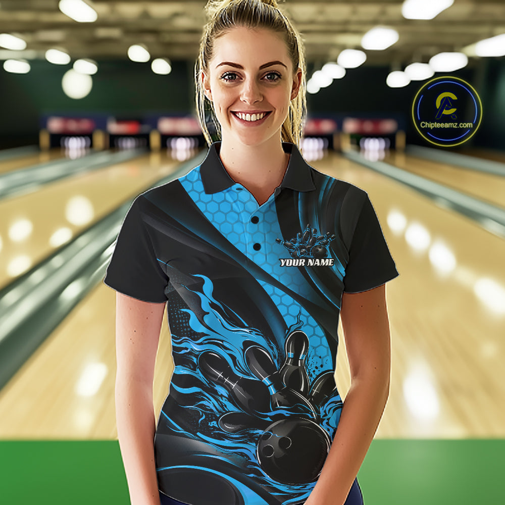 Black And Blue Flame Custom Bowling Women Polo Shirt, Bowling League Team Outfit IPHW12846