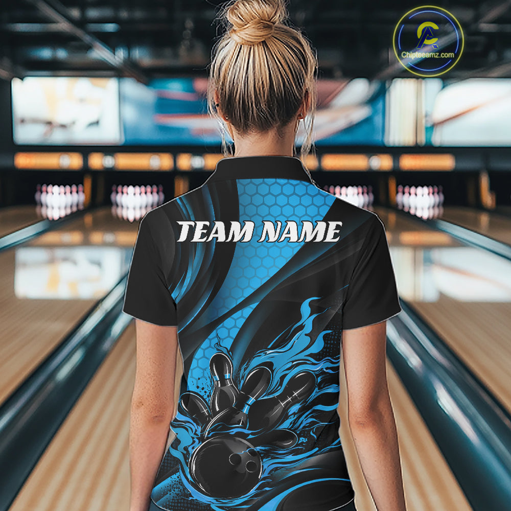 Black And Blue Flame Custom Bowling Women Polo Shirt, Bowling League Team Outfit IPHW12846