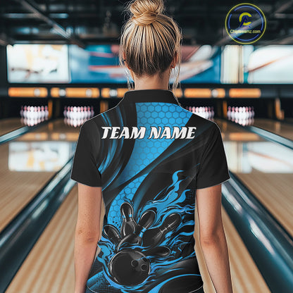 Black And Blue Flame Custom Bowling Women Polo Shirt, Bowling League Team Outfit IPHW12846