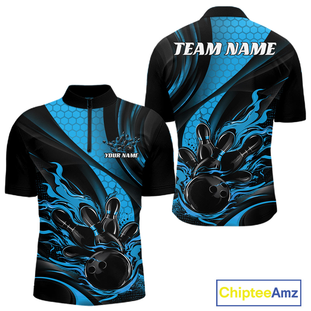 Black And Blue Flame Custom Bowling Men Quarter Zip Shirt, Bowling League Team Outfit IPHW12846