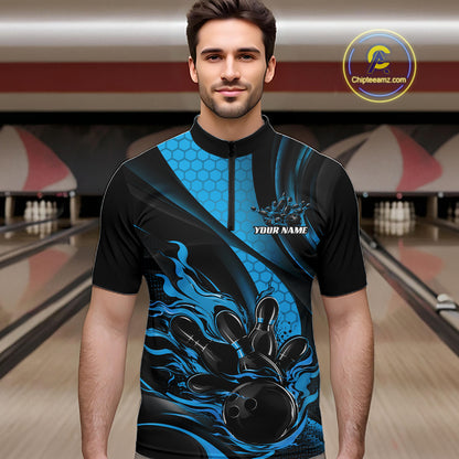 Black And Blue Flame Custom Bowling Men Quarter Zip Shirt, Bowling League Team Outfit IPHW12846