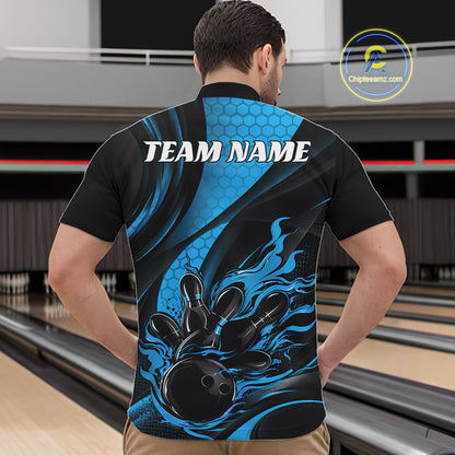 Black And Blue Flame Custom Bowling Men Quarter Zip Shirt, Bowling League Team Outfit IPHW12846