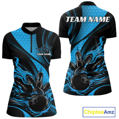 Black And Blue Flame Custom Bowling Women Quarter-Zip Shirt, Bowling League Team Outfit IPHW12846