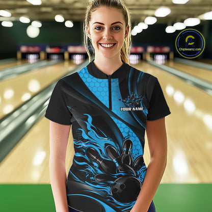 Black And Blue Flame Custom Bowling Women Quarter-Zip Shirt, Bowling League Team Outfit IPHW12846