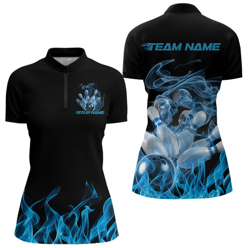 Custom Black And Blue Flame Bowling Quarter-Zip Shirts For Women, Blue Smoke Bowling Team Shirt IPHW8059