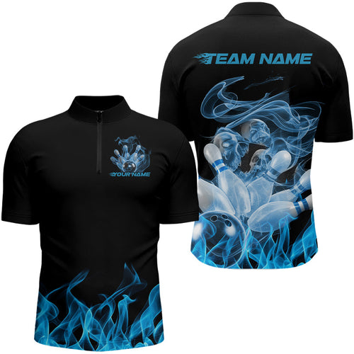 Custom Black And Blue Flame Bowling Quarter-Zip Shirts For Men, Blue Smoke Bowling Team Shirt IPHW8059
