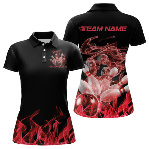 Custom Black And Red Flame Bowling Polo Shirts For Women, Red Smoke Bowling Team Shirt IPHW8060