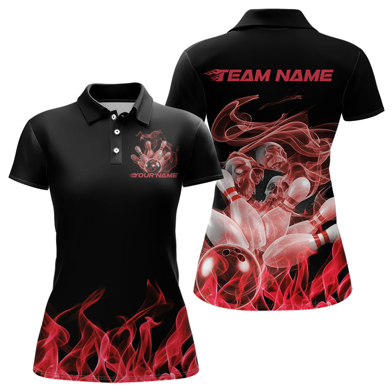 Custom Black And Red Flame Bowling Polo Shirts For Women, Red Smoke Bowling Team Shirt IPHW8060