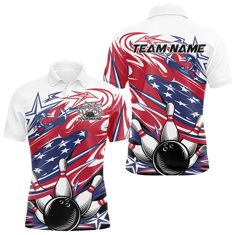 Custom Patriotic Bowling Polo Shirts For Men, Us Flag Bowling League Shirt Bowler Outfit IPHW8064