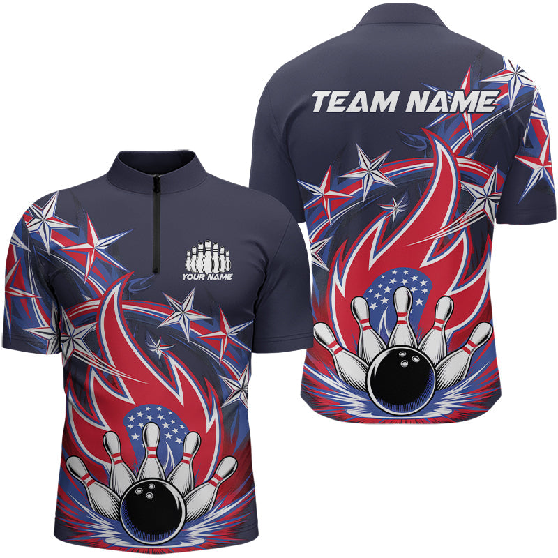 Custom Patriotic Bowling Quarter-Zip Shirts For Men, Us Flag Bowling League Shirt Bowler Outfit IPHW8069