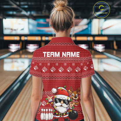 Custom Funny Christmas Women Bowling Shirts, Santa Claus And Reindeer Xmas Bowling Shirt IPHW10203