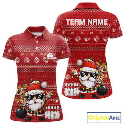 Custom Funny Christmas Women Bowling Shirts, Santa Claus And Reindeer Xmas Bowling Shirt IPHW10203