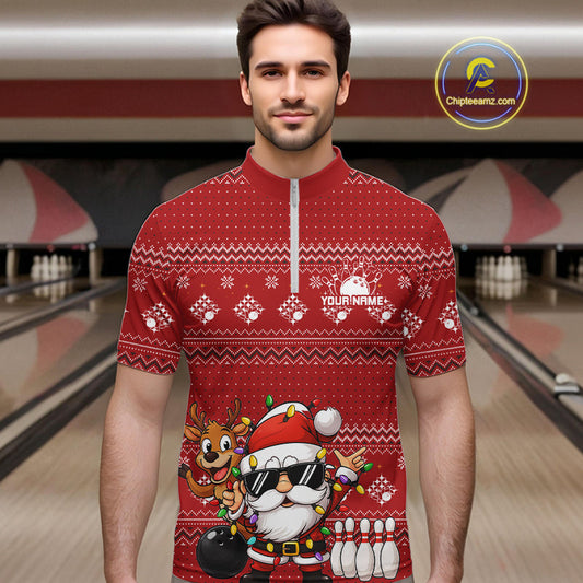 Custom Funny Christmas Men Bowling Shirts, Santa Claus And Reindeer Xmas Bowling Shirt IPHW10203