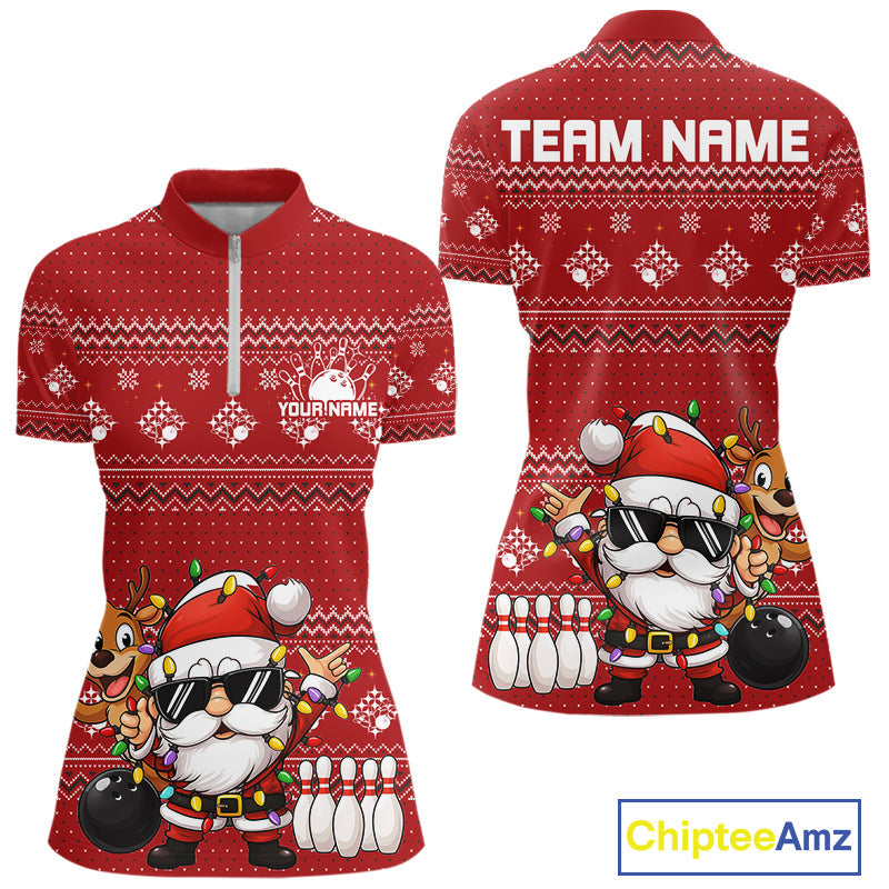 Custom Funny Christmas Women Bowling Shirts, Santa Claus And Reindeer Xmas Bowling Shirt IPHW10203