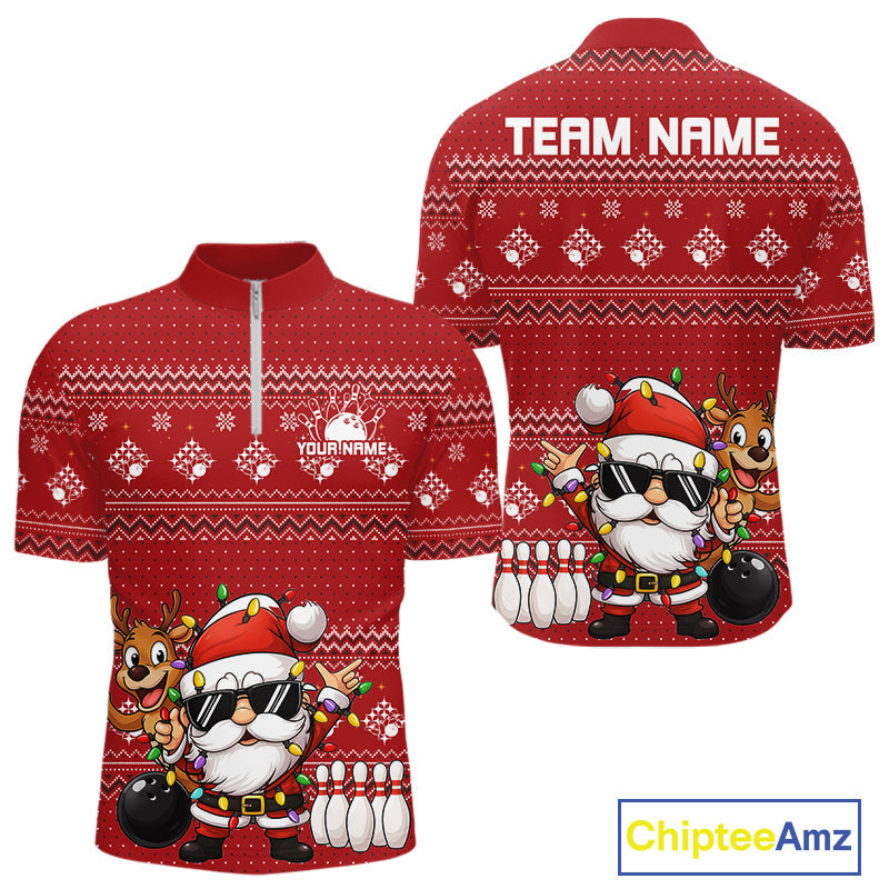 Custom Funny Christmas Men Bowling Shirts, Santa Claus And Reindeer Xmas Bowling Shirt IPHW10203