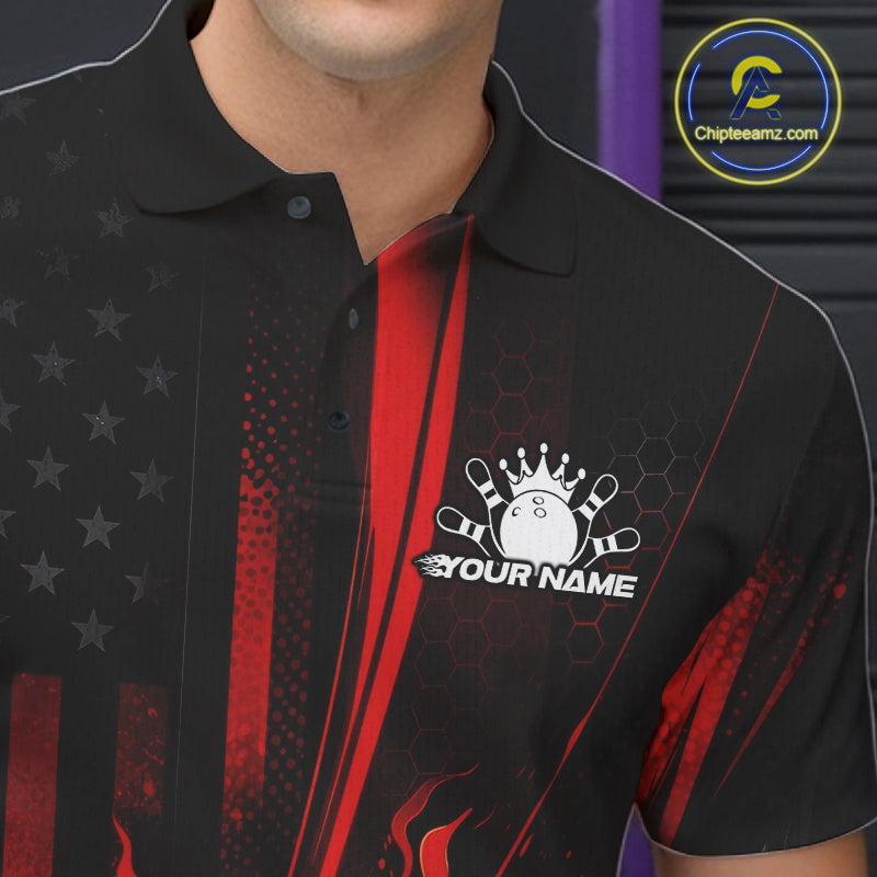 Custom Black And Red US Flag Patriotic Men Bowling Shirt, American Flame Bowling Jerseys IPHW10640