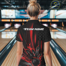 Load image into Gallery viewer, Custom Black And Red US Flag Patriotic Women Bowling Shirt, American Flame Bowling Jerseys IPHW10640