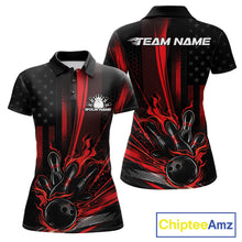 Load image into Gallery viewer, Custom Black And Red US Flag Patriotic Women Bowling Shirt, American Flame Bowling Jerseys IPHW10640