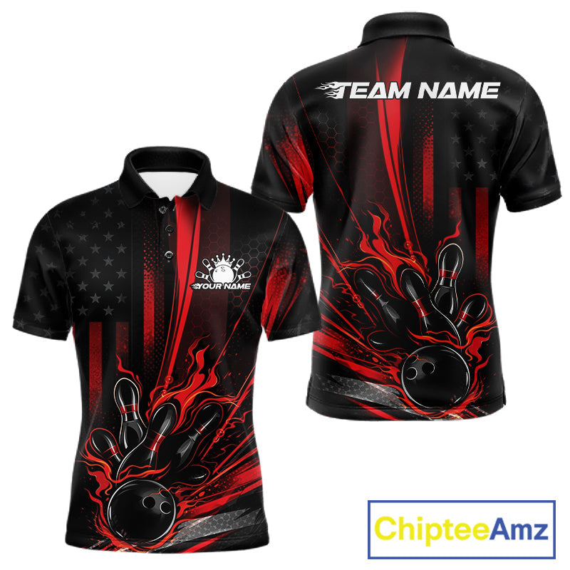 Custom Black And Red US Flag Patriotic Men Bowling Shirt, American Flame Bowling Jerseys IPHW10640