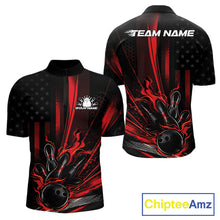Load image into Gallery viewer, Custom Black And Red US Flag Patriotic Men Bowling Shirt, American Flame Bowling Jerseys IPHW10640