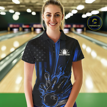 Custom Black And Blue US Flag Patriotic Women Bowling Shirt, American Flame Bowling Jerseys IPHW10641