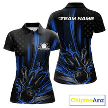 Load image into Gallery viewer, Custom Black And Blue US Flag Patriotic Women Bowling Shirt, American Flame Bowling Jerseys IPHW10641
