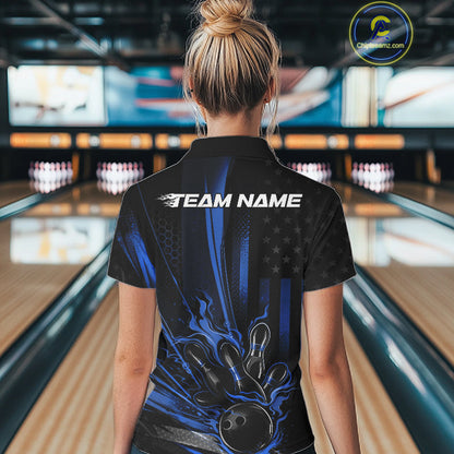Custom Black And Blue US Flag Patriotic Women Bowling Shirt, Flame Bowling Jerseys IPHW10641
