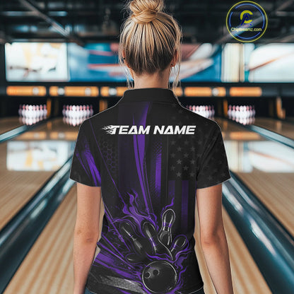 Custom Black And Purple US Flag Patriotic Women Bowling Shirt, Flame Bowling Jersey IPHW10642