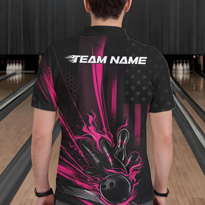 Custom Black And Pink US Flag Patriotic Men Bowling Shirt, American Flame Bowling Jersey IPHW10643