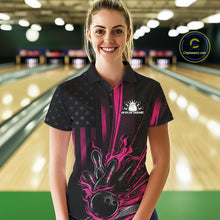 Load image into Gallery viewer, Custom Black And Pink US Flag Patriotic Women Bowling Shirt, American Flame Bowling Jersey IPHW10643