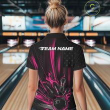 Load image into Gallery viewer, Custom Black And Pink US Flag Patriotic Women Bowling Shirt, American Flame Bowling Jersey IPHW10643