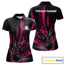 Load image into Gallery viewer, Custom Black And Pink US Flag Patriotic Women Bowling Shirt, American Flame Bowling Jersey IPHW10643