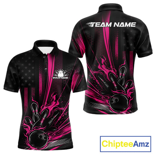 Custom Black And Pink US Flag Patriotic Men Bowling Shirt, American Flame Bowling Jersey IPHW10643