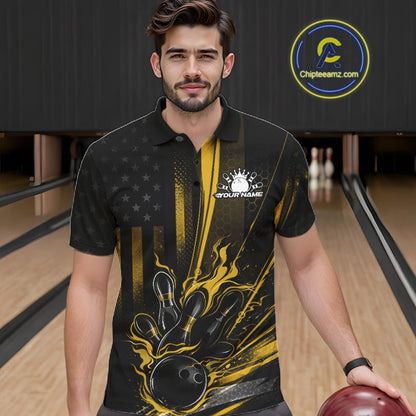 Custom Black And Yellow US Flag Patriotic Men Bowling Shirt, American Flame Bowling Jersey IPHW10644