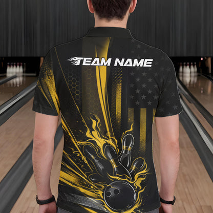 Custom Black And Yellow US Flag Patriotic Men Bowling Shirt, American Flame Bowling Jersey IPHW10644