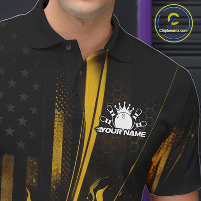 Custom Black And Yellow US Flag Patriotic Men Bowling Shirt, American Flame Bowling Jersey IPHW10644