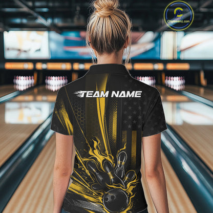 Custom Black And Yellow US Flag Patriotic Women Bowling Shirt, American Flame Bowling Jersey IPHW10644