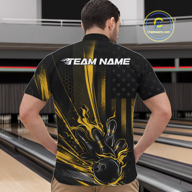 Custom Black And Yellow US Flag Patriotic Men Bowling Shirt, American Flame Bowling Jersey IPHW10644